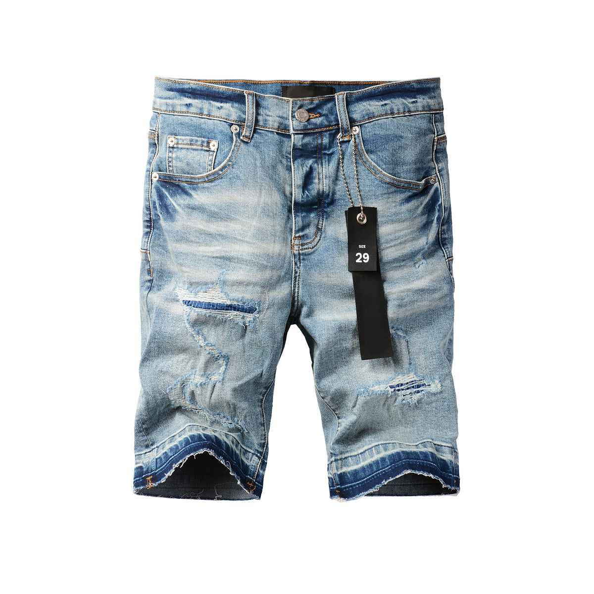 PURPLE  Men Streetwear Denim Shorts Light Blue Wash with Distressed Rips and Contrast Blue Hem 5013