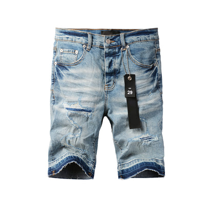 PURPLE  Men Streetwear Denim Shorts Light Blue Wash with Distressed Rips and Contrast Blue Hem 5013