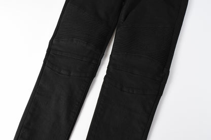 PURPLE  Men Streetwear Biker Skinny Jeans Black with Knee Pleats and Zipper Pockets 0964