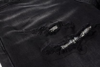 PURPLE  Men Streetwear Denim Shorts Black Wash with Distressed Rips and Plaid Patches 5001