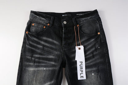 PURPLE   Men Streetwear Skinny Jeans Black - Gray Fade Wash with White Paint Specks 9027