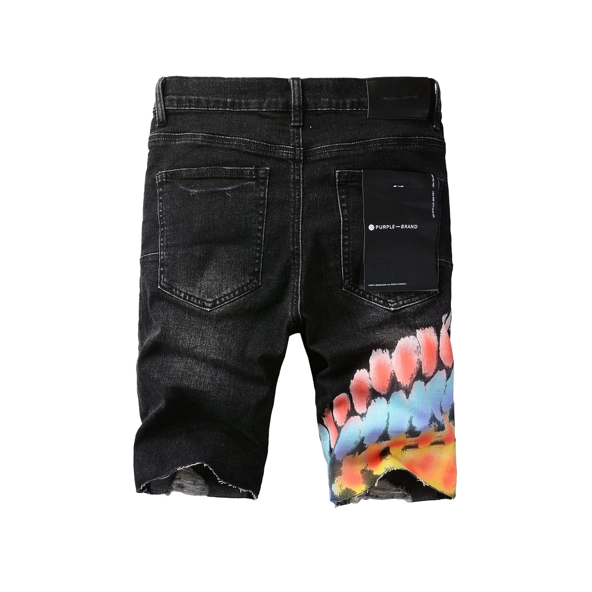PURPLE  Men Streetwear Denim Shorts Black Wash with Colorful Feather Print and Raw Hem 5085