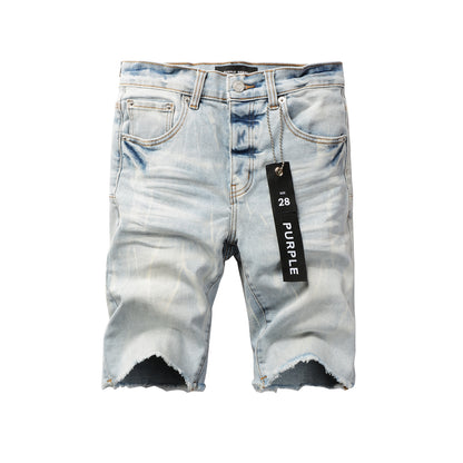 PURPLE  Men Streetwear Denim Shorts Light Blue Wash with Washed Distressed Raw Hem 5017