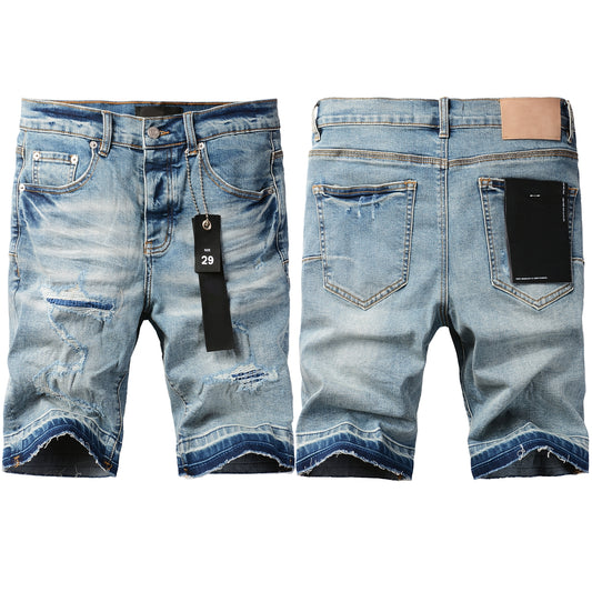 PURPLE  Men Streetwear Denim Shorts Light Blue Wash with Distressed Rips and Contrast Blue Hem 5013