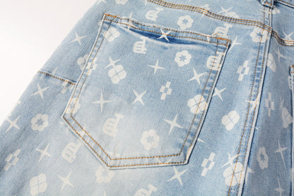 PURPLE  Men Streetwear Denim Shorts Light Blue Wash with White Geometric Print and Raw Hem 5089