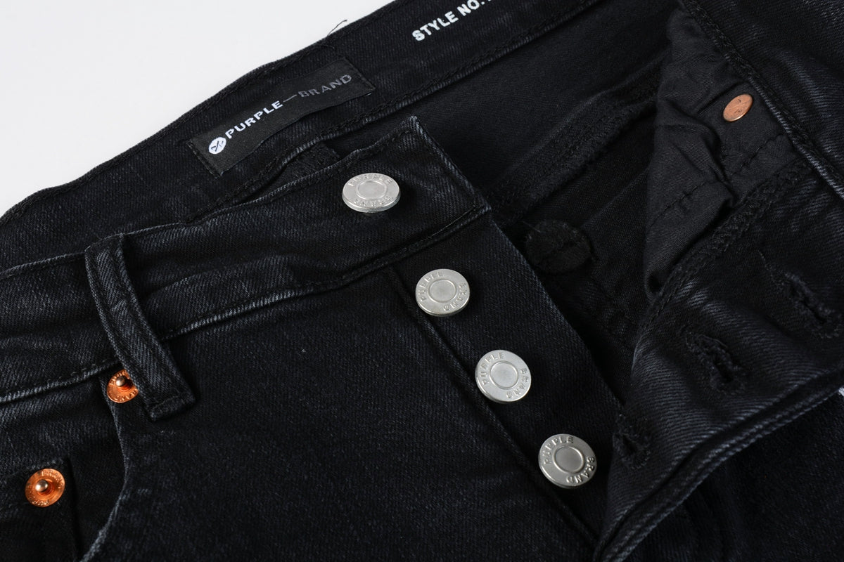 PURPLE  Mens Jeans - Distressed Black Denim with Knee Slit and Ripped Hole 9045