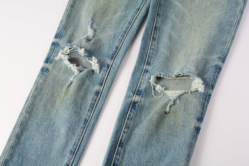 PURPLE  Men Streetwear Skinny Jeans Light Blue Wash with Distressed Ripped Knee Details 9076