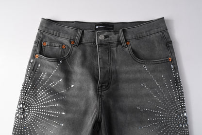 PURPLE  Men Streetwear Grey Denim Shorts with Radial Rhinestone Burst Patterns 5094