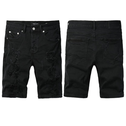 PURPLE  Men Streetwear Black Denim Shorts with Distressed Ripped Details and Raw Hem 5108