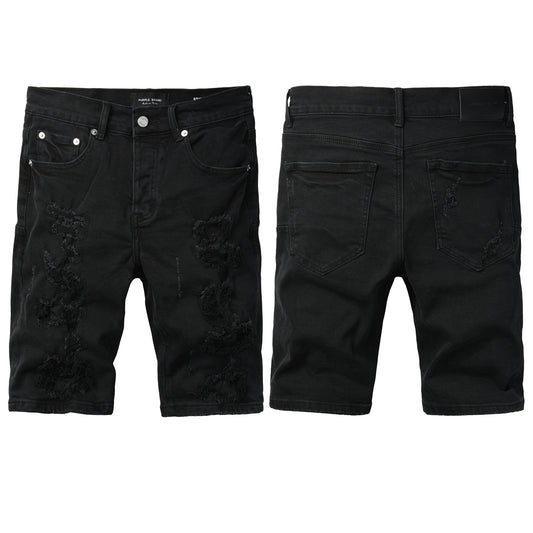 PURPLE  Men Streetwear Black Denim Shorts with Distressed Ripped Details and Raw Hem 5108