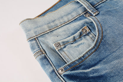 PURPLE  Men Streetwear Denim Shorts Light Blue Wash with Raw Hem and Vintage Finish 5016