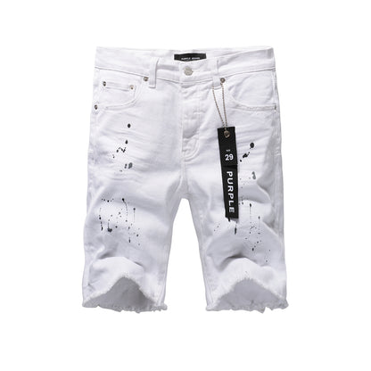 PURPLE  Men Streetwear Denim Shorts White Wash with Black Paint Splatter Print and Raw Hem 5021