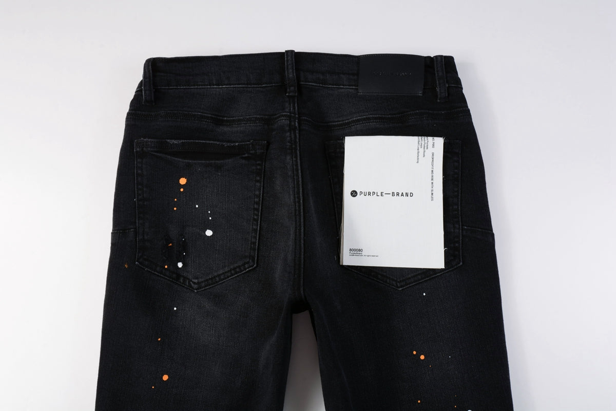 PURPLE  Mens Jeans - Distressed Black Denim with Knee Slit and Ripped Hole 9045