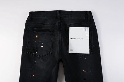 PURPLE  Mens Jeans - Distressed Black Denim with Knee Slit and Ripped Hole 9045