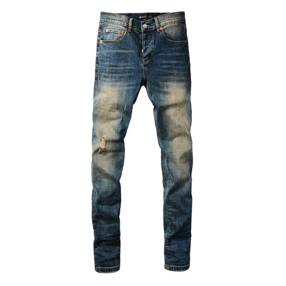 PURPLE  Men Classic Streetwear Jeans Light Washed Distressed skinny Fit 9097
