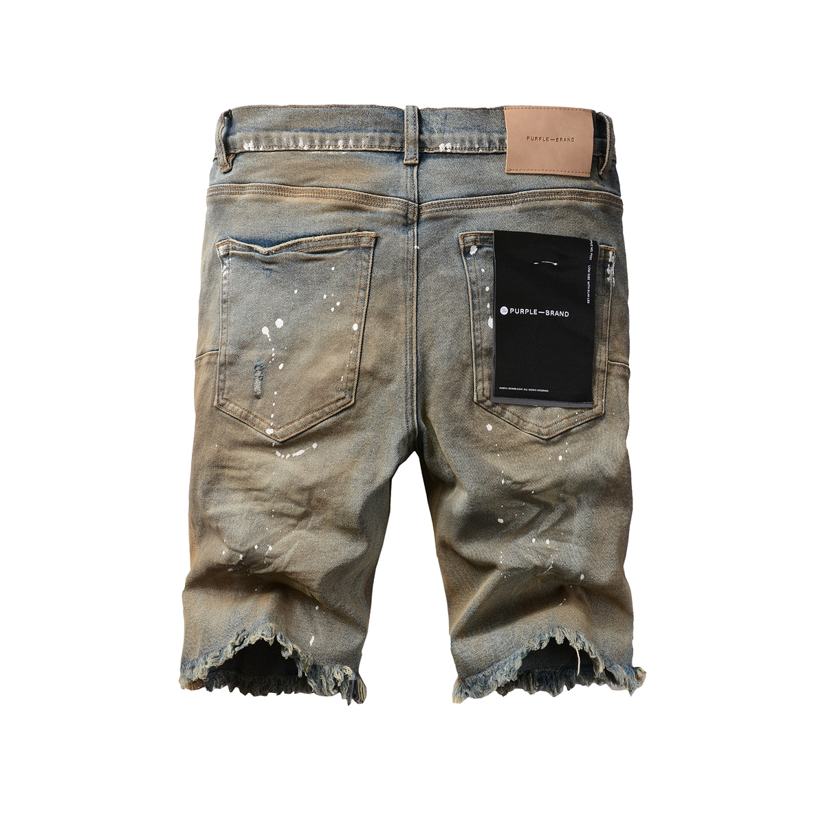 PURPLE  Men Streetwear Denim Shorts Brownish Wash with White Paint Splashes and Distressed Raw Hem 5012