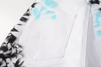 PURPLE  Men Streetwear Denim Shorts White Wash with Blue - Black Ink Floral Print and Raw Hem 5065