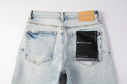 PURPLE Men Streetwear Denim Shorts Light Blue Wash with Leopard Print Patched Rips 5087