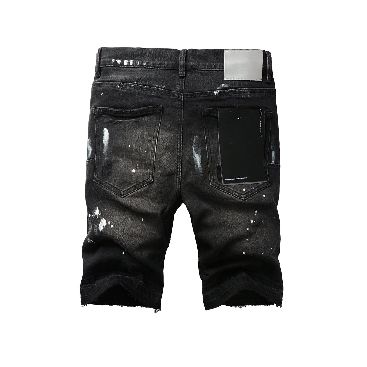 PURPLE  Men Streetwear Denim Shorts Black Wash with White Paint Splashes and Raw Hem 5002