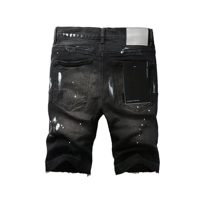PURPLE  Men Streetwear Denim Shorts Black Wash with White Paint Splashes and Raw Hem 5002