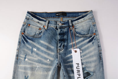 PURPLE   Men Streetwear Skinny Jeans Light Blue Wash with Heavy Distressed Rips and White Paint Splatter 9003