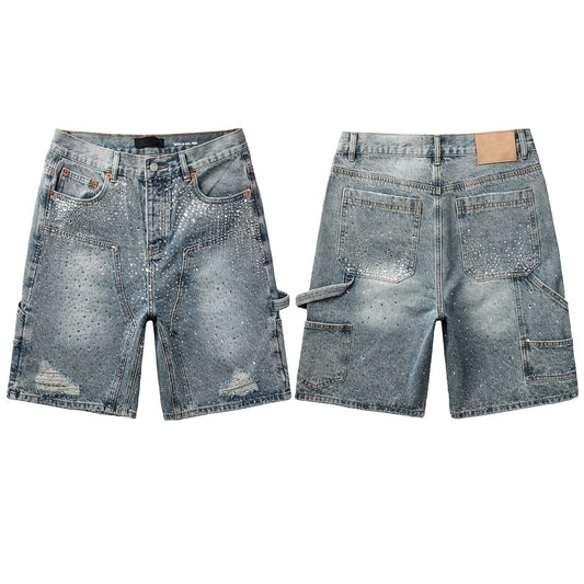 PURPLE  Men Streetwear Cargo Denim Shorts Light Blue Wash with Rhinestone Embellishment and Distressed Details 5097