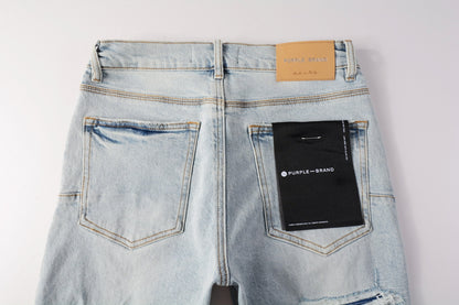PURPLE  Men Streetwear Denim Shorts Light Blue Wash with Distressed Rips and Raw Hem 5088