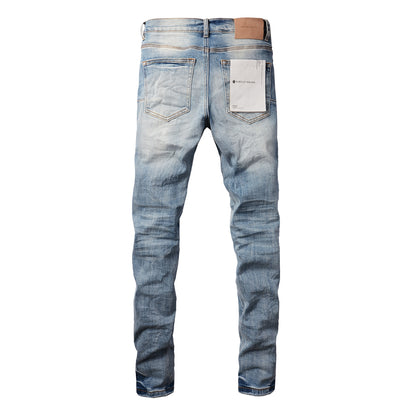 PURPLE  Men Streetwear Skinny Jeans Light Blue Wash with Faded Gradient Finish 9016