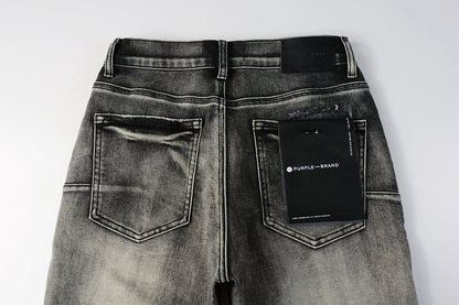 PURPLE  Men Streetwear Denim Shorts Grey Black Wash with Leopard Print Ripped Details and Raw Hem 5068