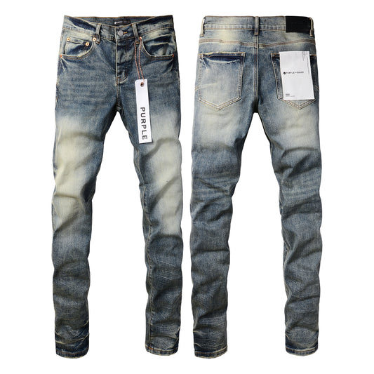 PURPLE  Men Streetwear Skinny Jeans Light Blue Wash with Faded Gradient Distress 9042