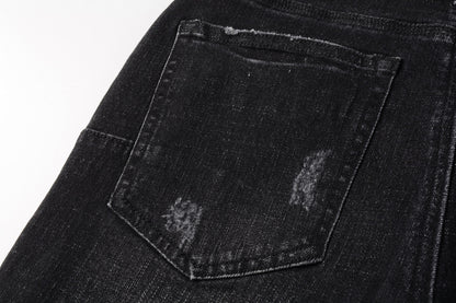 PURPLE   Men Streetwear Denim Shorts Black Wash with Distressed Rips and Raw Hem 5083
