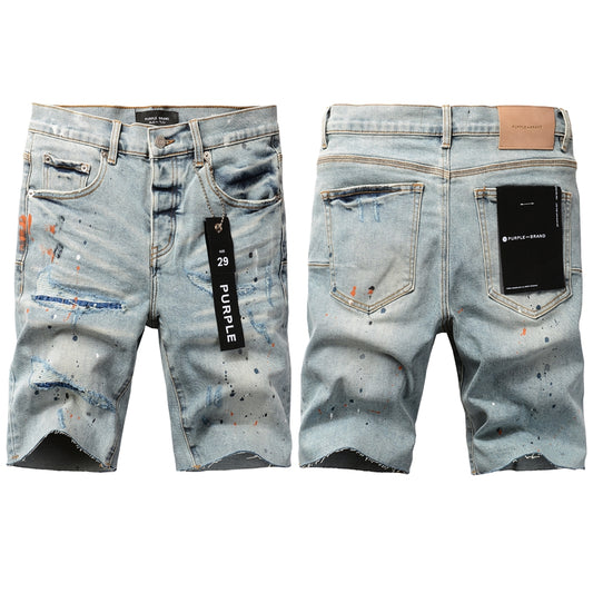 PURPLE  Men Streetwear Denim Shorts Light Blue Wash with Colorful Paint Splashes and Distressed Raw Hem 5071
