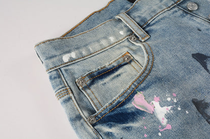 PURPLE  Men Streetwear Denim Shorts Light Blue Wash with Colorful Paint Splashes and Distressed Raw Hem 5066