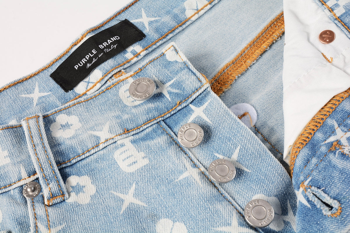 PURPLE  Men Streetwear Denim Shorts Light Blue Wash with White Geometric Print and Raw Hem 5089