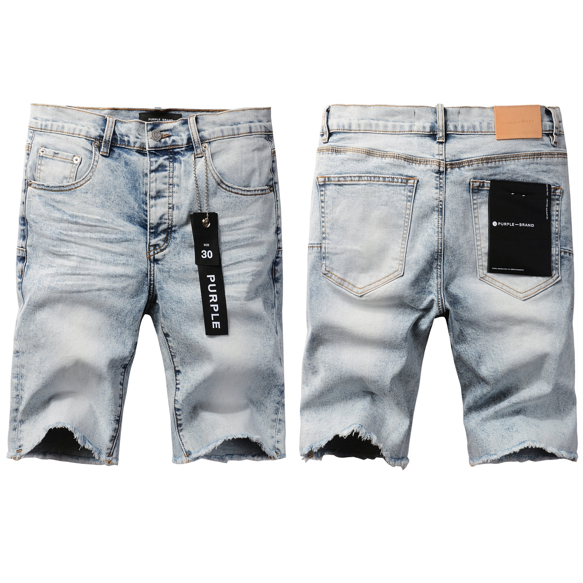 PURPLE  Men Streetwear Denim Shorts Light Blue Wash with Vintage Distressed Raw Hem 5053