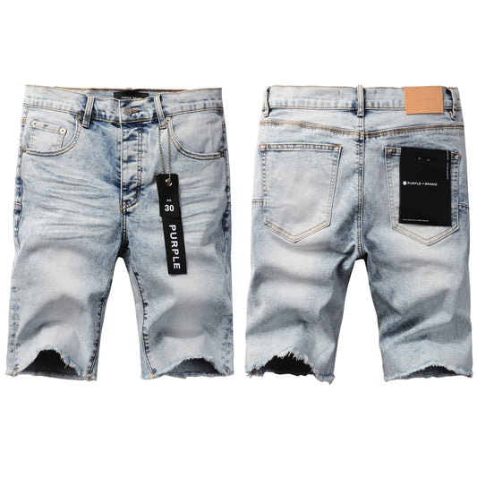 PURPLE  Men Streetwear Denim Shorts Light Blue Wash with Vintage Distressed Raw Hem 5053