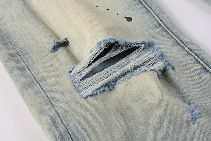PURPLE  Men Streetwear Skinny Jeans Light Blue Wash with White Paint Splatter and Distressed Rips 9007