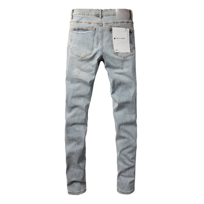 PURPLE   Men Streetwear Skinny Jeans Light Blue Wash with Holographic Iridescent Finish 9005