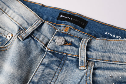 PURPLE  Men Streetwear Skinny Jeans Light Blue with Rhinestone Studs and Distressed Details PU9119