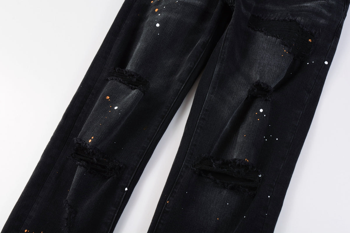 PURPLE  Mens Jeans - Distressed Black Denim with Knee Slit and Ripped Hole 9045