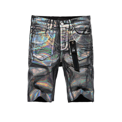 PURPLE  Men Streetwear Denim Shorts Black Wash with Holographic Reflective Finish and Raw Hem 5028
