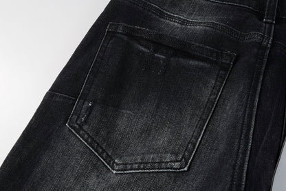 PURPLE   Men Streetwear Skinny Jeans Black - Gray Fade Wash with White Paint Specks 9027