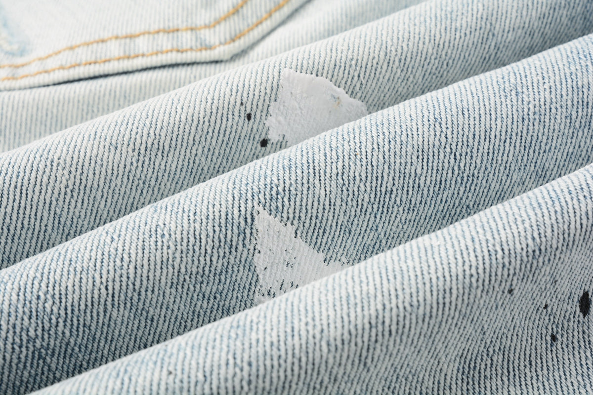 PURPLE  Men Streetwear Denim Shorts Light Blue Wash with White Paint Splatters and Distressed Raw Hem 5006