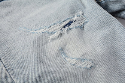 PURPLE  Men Streetwear Denim Shorts Light Blue Wash with Distressed Rips and Raw Hem 5088