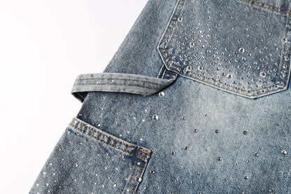 PURPLE  Men Streetwear Cargo Denim Shorts Light Blue Wash with Rhinestone Embellishment and Distressed Details 5097