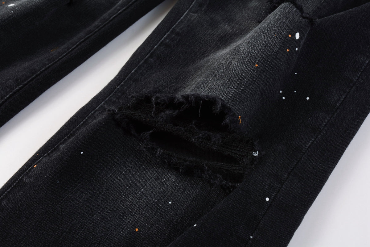 PURPLE  Mens Jeans - Distressed Black Denim with Knee Slit and Ripped Hole 9045