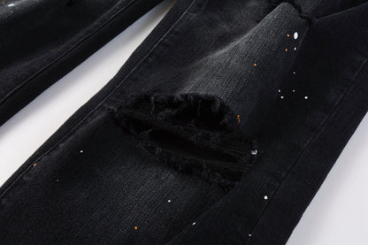 PURPLE  Mens Jeans - Distressed Black Denim with Knee Slit and Ripped Hole 9045