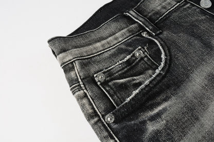 PURPLE  Men Streetwear Denim Shorts Grey Black Wash with Leopard Print Ripped Details and Raw Hem 5068