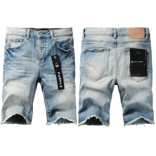PURPLE  Men Streetwear Denim Shorts Light Blue Wash with Raw Hem and Vintage Finish 5016