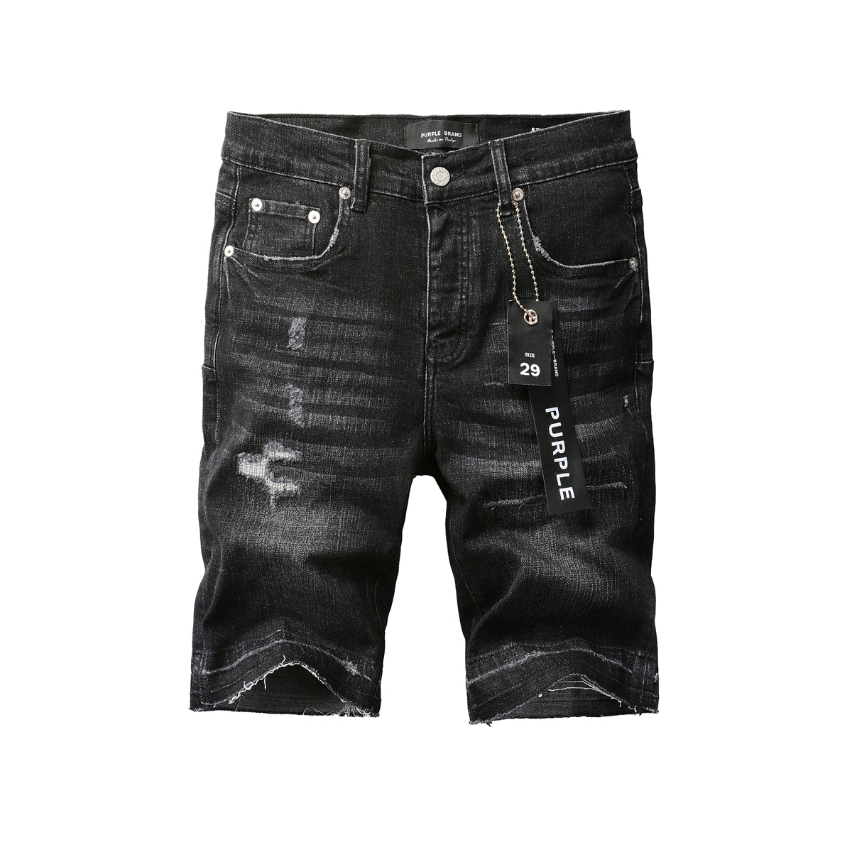 PURPLE   Men Streetwear Denim Shorts Black Wash with Distressed Rips and Raw Hem 5083